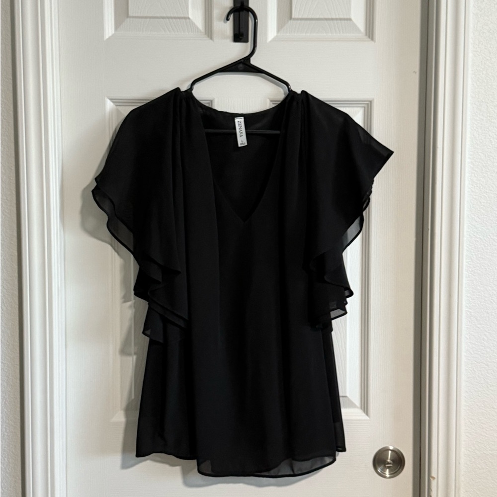 Zenana Outfitters Black Ruffle Sleeve Blouse